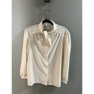 Vintage Bud Fashions Polka Dot Bow Blouse Cream Black Button Front Size 10